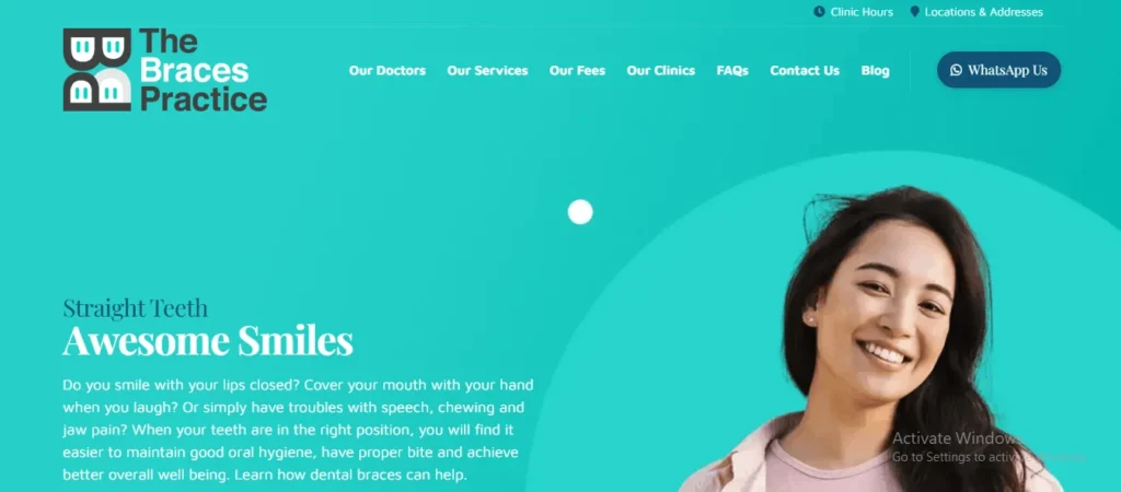 The Braces Practice website homepage banner featuring a smiling woman and the headline Straight Teeth Awesome Smiles.