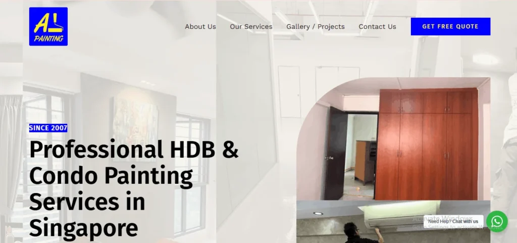 Website homepage banner for A1 Painting in Singapore, featuring the text 'Professional HDB & Condo Painting Services in Singapore since 2007' alongside project showcase images of a newly painted room and a technician working.