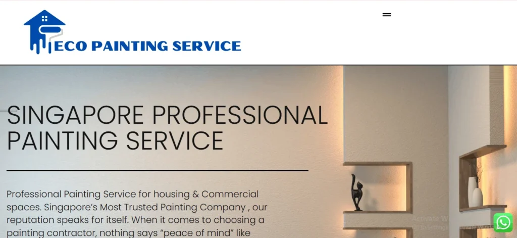 Website homepage banner for Eco Painting Service in Singapore, featuring the text 'Singapore Professional Painting Service' alongside a modern interior wall with built-in lit shelves and decorative items.