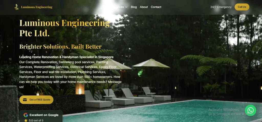 Website homepage of Luminous Engineering Pte Ltd, a leading home renovation and painting specialist in Singapore, featuring a luxury outdoor swimming pool at dusk surrounded by lounge chairs, umbrellas, and lush tropical greenery.
