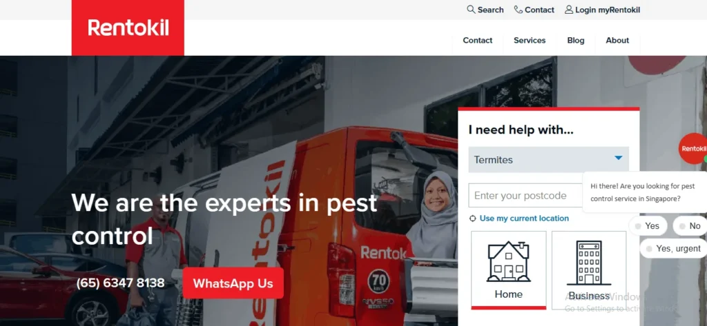 Rentokil Singapore homepage banner showcasing professional pest control services, featuring a service vehicle, technicians, and a contact form to find local pest management solutions.