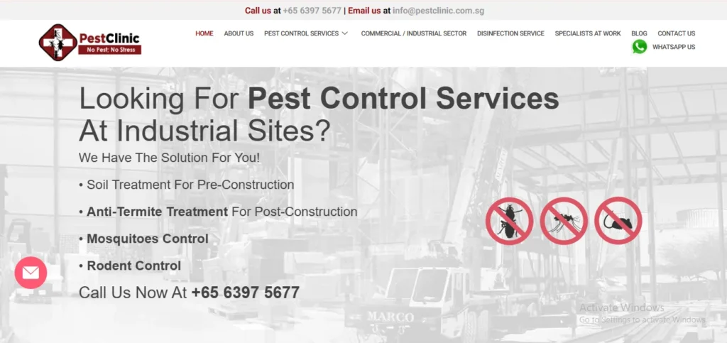 The Pest Clinic homepage banner showcasing commercial and industrial pest control services in Singapore, including termite treatment, rodent control, and mosquito management.