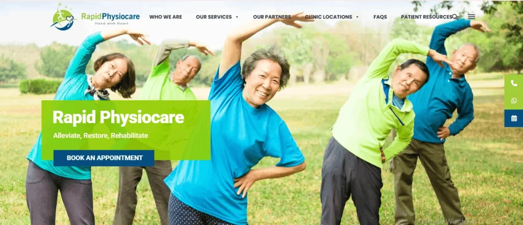Homepage banner for Rapid Physiocare featuring a group of senior citizens smiling and doing side-stretch exercises outdoors in a park, with a "Book an Appointment" button.