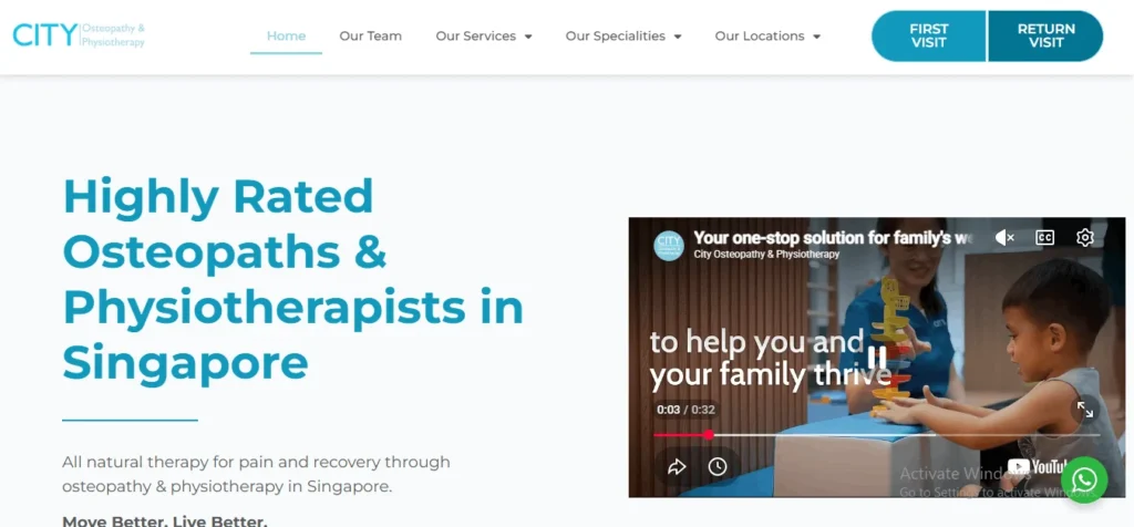 Website banner for City Osteopathy & Physiotherapy in Singapore, featuring the headline "Highly Rated Osteopaths & Physiotherapists in Singapore" alongside an embedded promotional video showing a child interacting with a therapist.