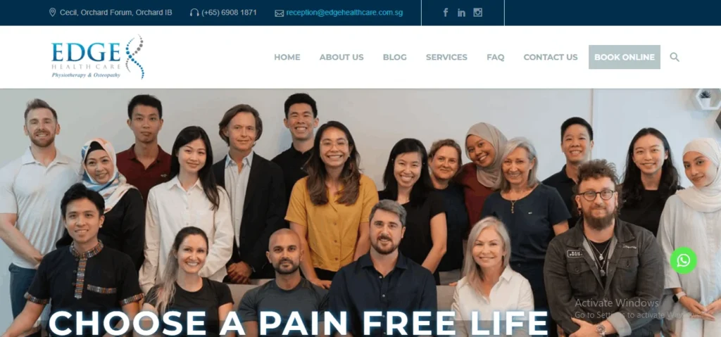 Website homepage banner for Edge Health Care Physiotherapy & Osteopathy, featuring a large group photo of their diverse professional medical team smiling, with the overlay text "CHOOSE A PAIN FREE LIFE."