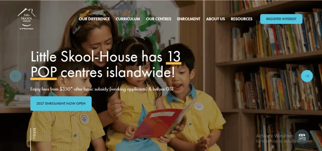 A female teacher and three young children in yellow uniforms looking at a book together in a library setting, featured on the Little Skool-House website banner.