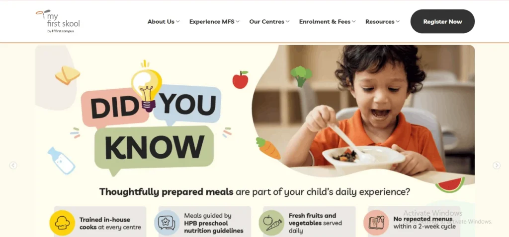 A promotional banner for My First Skool highlighting their nutrition program, showing a young child eating a meal with illustrated icons of food items.