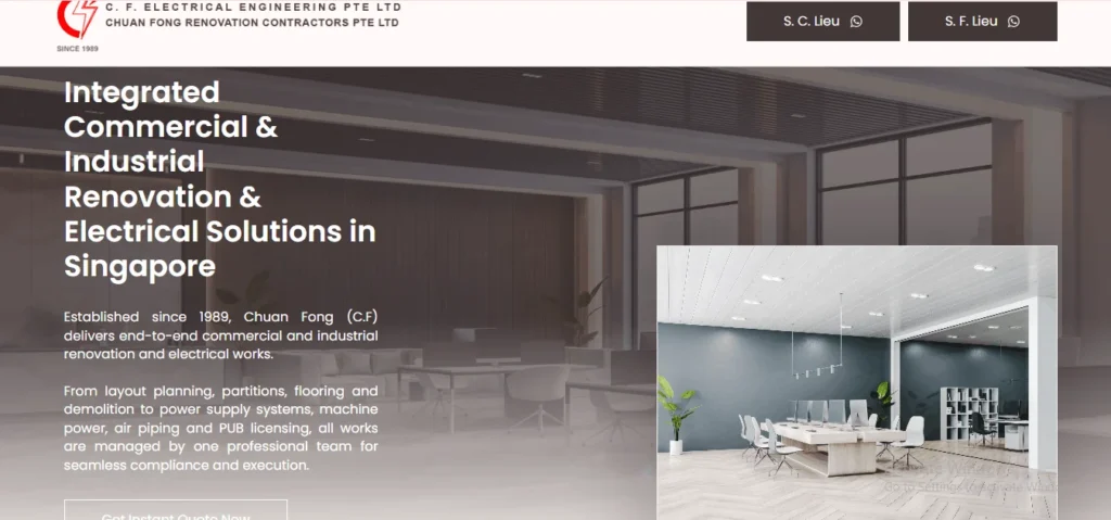 Chuan Fong Renovation Contractors website homepage showing commercial and industrial office renovation services in Singapore.