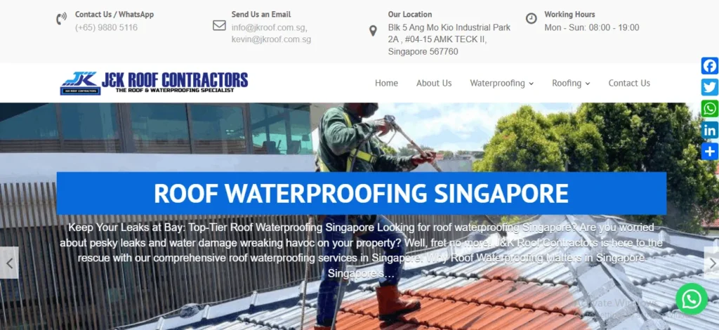 J&K Roof Contractors homepage banner highlighting professional roof waterproofing and leak repair services in Singapore, featuring a technician working on a residential or commercial roof.