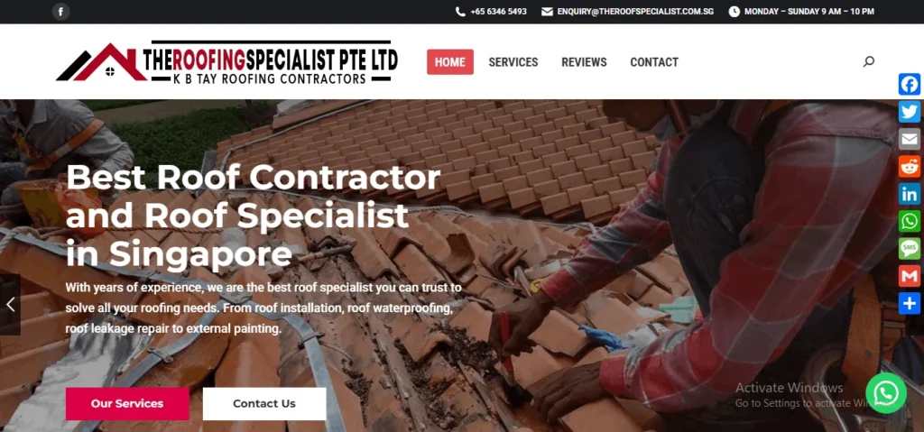 The Roofing Specialist Pte Ltd homepage banner highlighting roof installation, waterproofing, and roof leakage repair services by professional roofing contractors in Singapore.