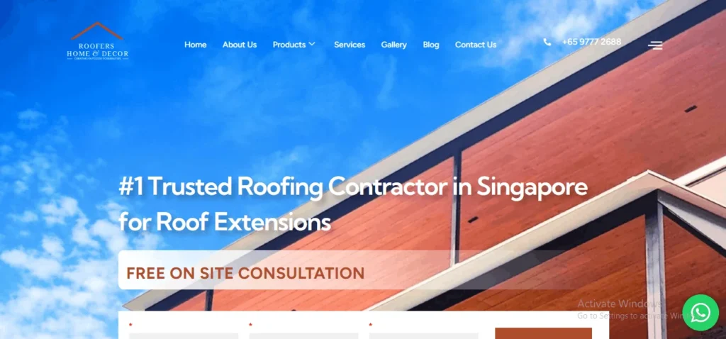 Roofers Home & Decor website banner highlighting trusted roofing contractor services and professional roof extensions for properties in Singapore.