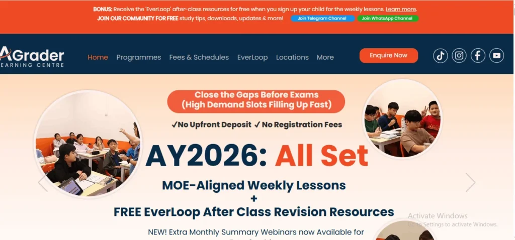 Website banner for AGrader Learning Centre promoting academic year 2026. Features the text "AY2026: All Set" with "MOE-Aligned Weekly Lessons + FREE EverLoop After Class Revision Resources." The banner includes two circular images of children in classroom settings and an orange top bar highlighting free resources and links to community channels.