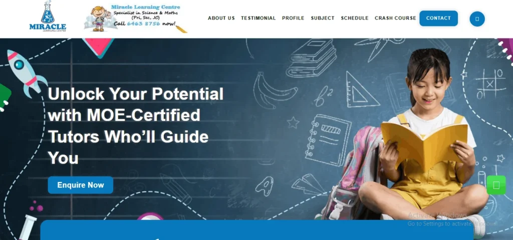 Website banner for Miracle Learning Centre, a tuition specialist in science and maths. The banner features text reading "Unlock Your Potential with MOE-Certified Tutors Who’ll Guide You" with an "Enquire Now" button. To the right, a young girl in a yellow dress sits cross-legged reading an open book, set against a dark chalkboard background filled with educational doodles like a rocket, banana, and math symbols.
