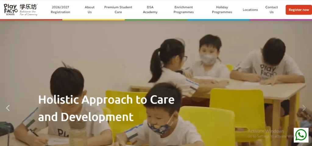 Screenshot of the Play FACTO School website homepage, featuring primary school students wearing face masks and studying in a classroom, with an overlay reading "Holistic Approach to Care and Development."