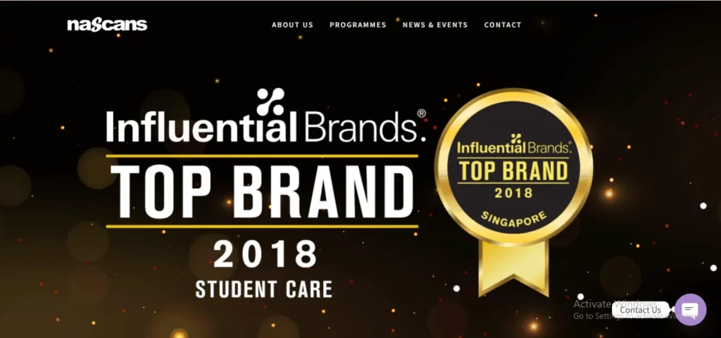 Promotional banner for Nascans student care, featuring an award announcement on a dark background with gold bokeh and sparkles. The text reads "Influential Brands TOP BRAND 2018 STUDENT CARE," alongside a gold circular badge that says "Influential Brands TOP BRAND 2018 SINGAPORE."