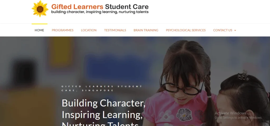 Website header for Gifted Learners Student Care in Singapore, showing a sunflower logo and navigation menu above a banner image of a young girl with glasses. The overlay text reads "Building Character, Inspiring Learning, Nurturing Talents."