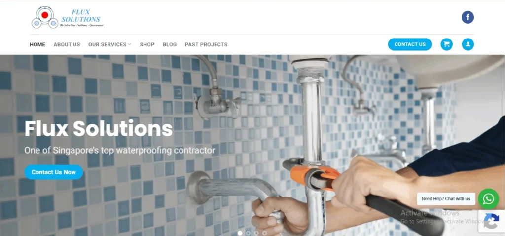 Website homepage for Flux Solutions, a top waterproofing contractor in Singapore, showing a close-up of a technician using a pipe wrench to repair under-sink plumbing against a blue tiled wall.
