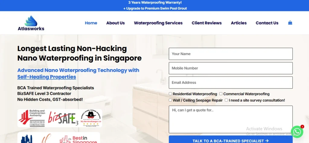 Website homepage of Atlasworks, offering non-hacking nano waterproofing services in Singapore, featuring a prominent lead capture contact form alongside credentials like BCA Trained Specialists and BizSAFE Level 3 contractor badges over a modern bathroom background.