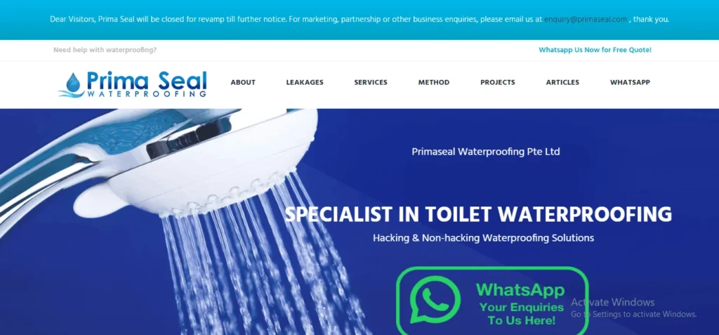 Website homepage header of Prima Seal Waterproofing, a toilet waterproofing specialist in Singapore offering hacking and non-hacking solutions, featuring a close-up image of water spraying from a modern shower head against a blue background.