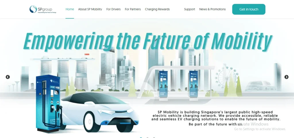 "SP Group SP Mobility website homepage featuring an electric car charging at a blue EV station with the Singapore skyline in the background and the heading 'Empowering the Future of Mobility'."