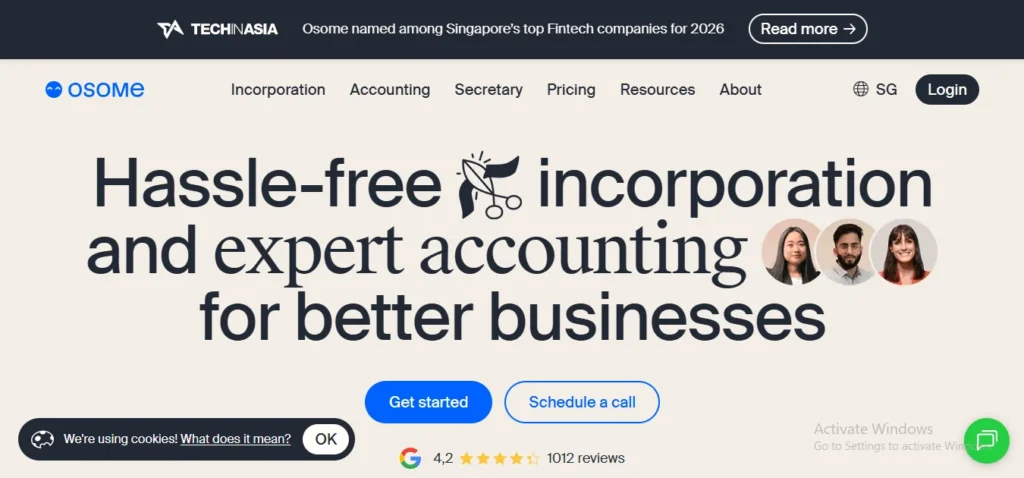 An image of the Osome website homepage, showing the headline "Hassle-free incorporation and expert accounting for better businesses," with photos of three people to the right, a navigation menu at the top, and buttons to "Get started" or "Schedule a call."