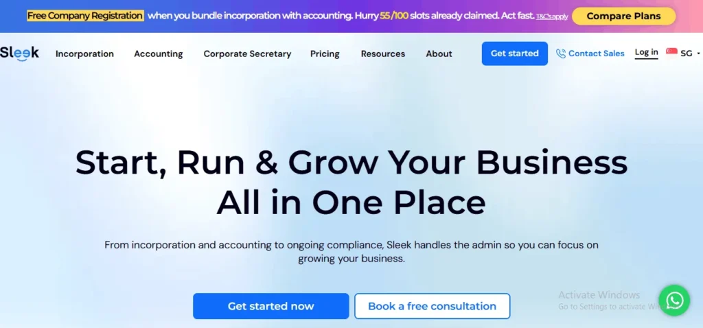 Screenshot of the Sleek website homepage, featuring the main headline "Start, Run & Grow Your Business All in One Place" with a subheadline explaining its incorporation, accounting, and compliance services. The page includes a top navigation bar with the Sleek logo and a promotional banner at the very top offering "Free Company Registration." Call-to-action buttons at the bottom read "Get started now" and "Book a free consultation."