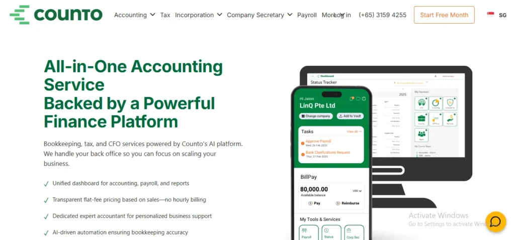 Screenshot of the Counto website homepage, featuring the main headline "All-in-One Accounting Service Backed by a Powerful Finance Platform" with a short description of its bookkeeping, tax, and CFO services. The left side includes a checklist of key features like unified dashboards, transparent flat-fee pricing, dedicated accountants, and AI-driven automation. On the right side, there is a visual mockup displaying the platform's user interface on a smartphone screen and a desktop monitor.