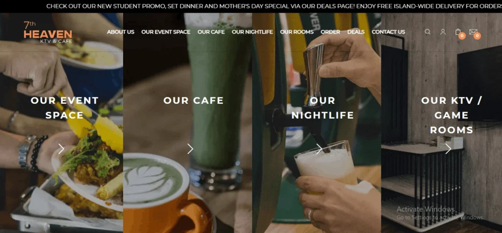 A website screenshot for "7th Heaven KTV & Cafe" showing a navigation menu at the top. Below the header, the page is split into four vertical, clickable image panels: "OUR EVENT SPACE" showing food being served, "OUR CAFE" displaying matcha beverages, "OUR NIGHTLIFE" depicting a beer being poured from a tap, and "OUR KTV / GAME ROOMS" showing a modern entertainment lounge.