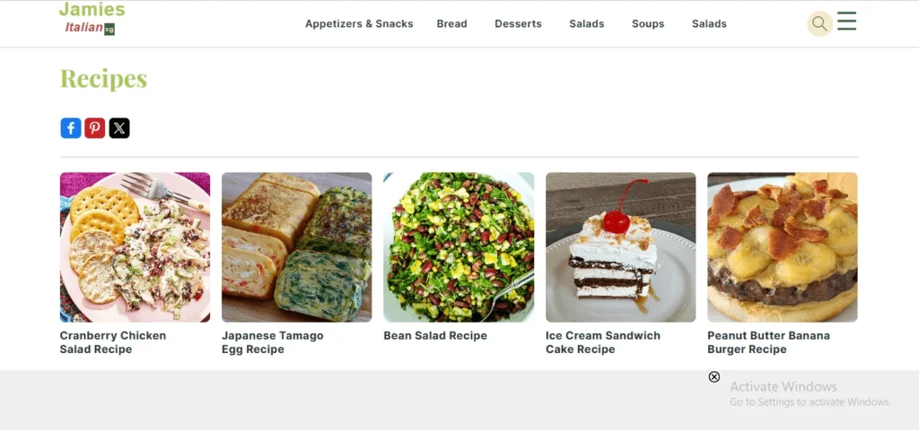 A collection of diverse food recipes on the Jamies Italian SG website, featuring cranberry chicken salad, Japanese tamago egg, bean salad, ice cream sandwich cake, and a peanut butter banana burger.