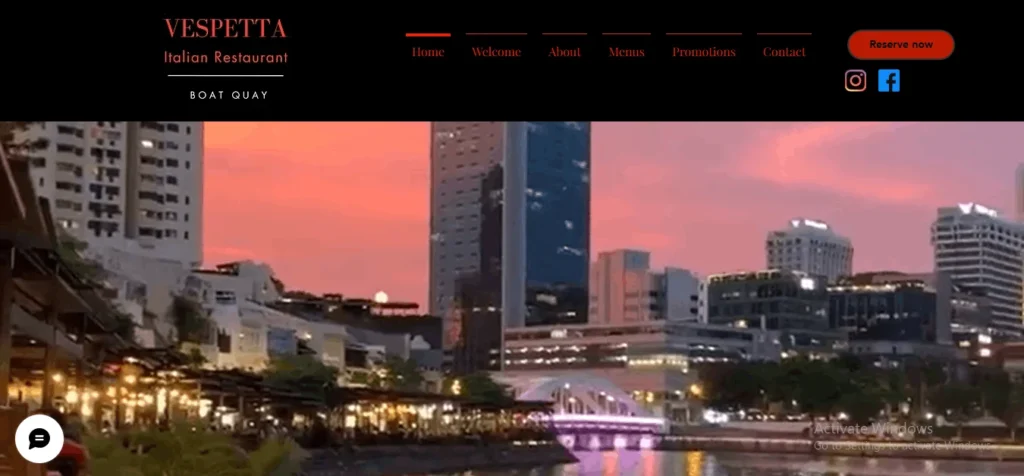 Website homepage header for Vespetta Italian Restaurant at Boat Quay, showing a scenic evening view of the Singapore riverfront under a vibrant pink sunset.