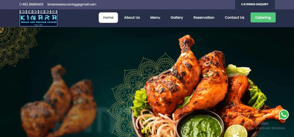 Website homepage banner for Kinara Indian and Mexican Cuisine, featuring a vibrant close-up of roasted tandoori chicken served with green chutney and sliced onions against a dark teal background with mandala patterns.