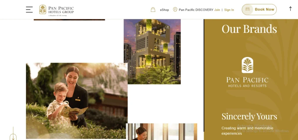 A screenshot of the Pan Pacific Hotels Group website homepage layout, featuring sections for "Our Brands," promotional images of staff interacting with a child, a modern high-rise hotel building, and standard navigation menus.