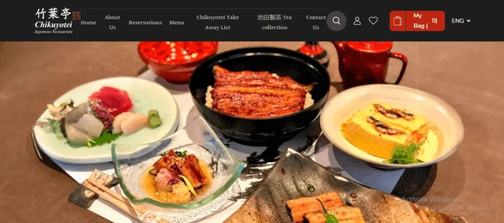 A website screenshot of Chikuyotei Japanese Restaurant featuring a large banner image of various traditional Japanese dishes, including unagi (grilled eel) rice bowls, tamagoyaki (rolled omelet), and sashimi.