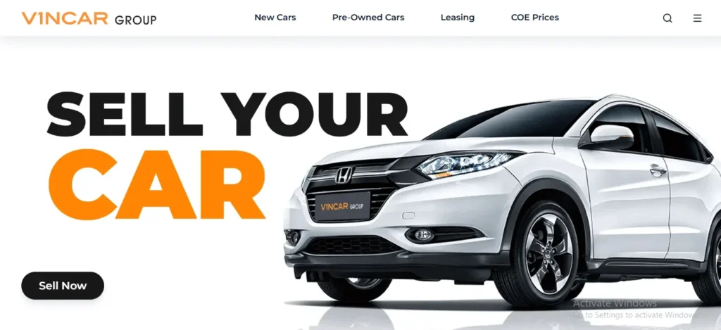 VINCAR Group Singapore website page promoting car trade-in services with a white Honda crossover and "Sell Your Car" prompt.