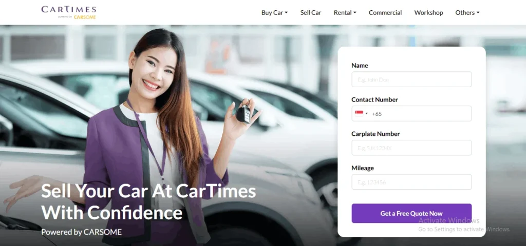 CarTimes powered by CARSOME website landing page in Singapore featuring a car valuation lead form and a representative holding keys to sell pre-owned vehicles.