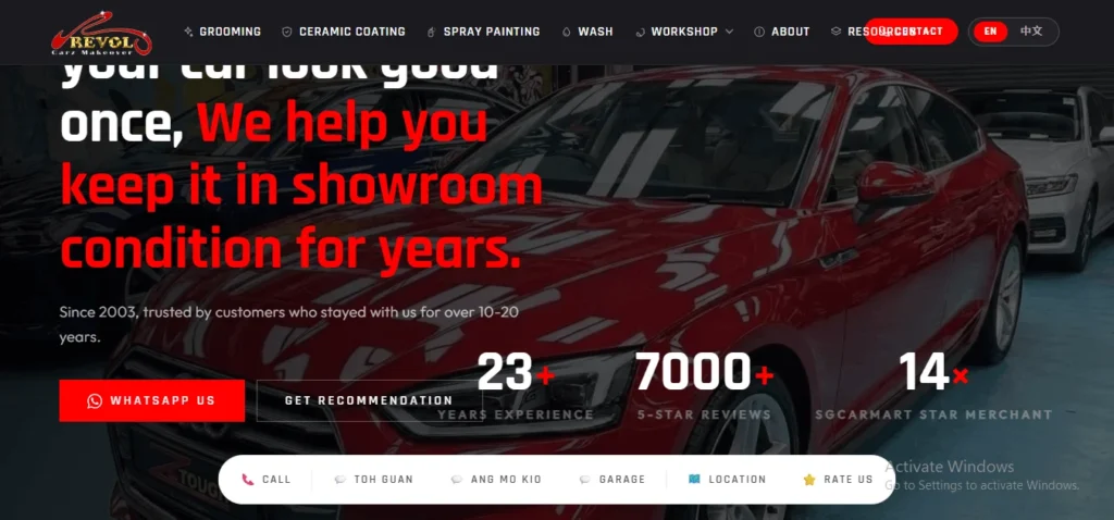 Revol Carz Makeover website hero banner showcasing professional car grooming, ceramic coating, and spray painting services in Singapore.