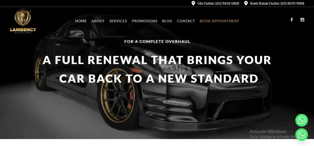 Lambency Detailing Singapore website homepage banner showcasing full car renewal, detailing, and grooming services for luxury sports cars.