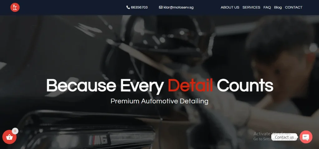 Klar Details Singapore website hero section highlighting premium automotive detailing and car grooming services.