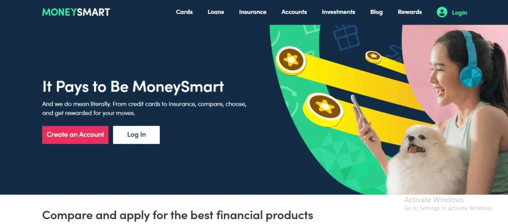 MoneySmart website homepage banner featuring the headline "It Pays to Be MoneySmart" alongside a smiling woman holding a smartphone and a fluffy white dog.