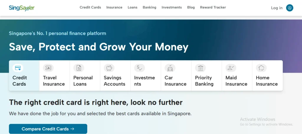 SingSaver website homepage banner displaying the main tagline "Save, Protect and Grow Your Money" with category icons for credit cards, insurance, and loans.