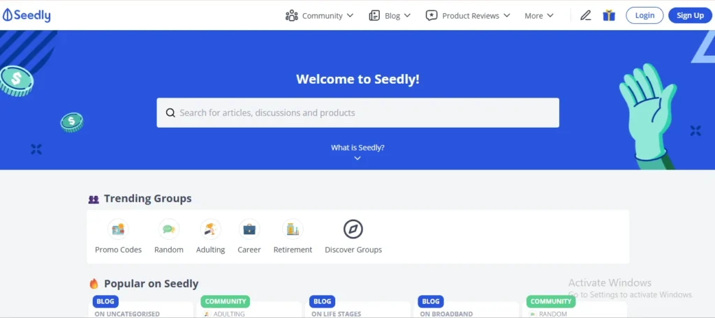 Seedly website homepage header displaying a blue banner with the headline "Welcome to Seedly!" and a central search bar.