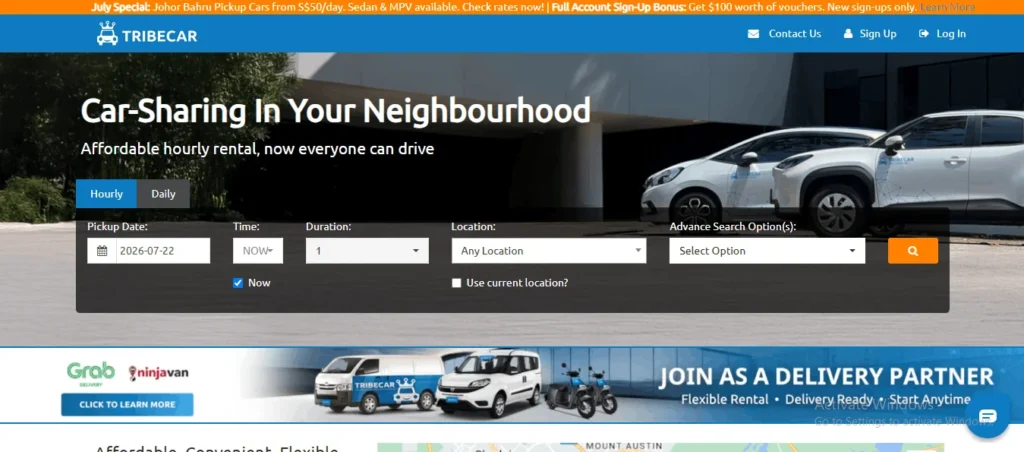 Website homepage for Tribecar car-sharing platform featuring the headline "Car-Sharing In Your Neighbourhood" and subheadline "Affordable hourly rental, now everyone can drive." The page includes an orange promotional top bar, a blue navigation bar with the Tribecar logo and account options, and an interactive booking search widget with fields for pickup date, time, duration, and location. In the background image, two white cars with Tribecar branding are parked outside. A lower banner advertises joining as a delivery partner with Grab and Ninja Van logos alongside images of delivery vans and scooters.