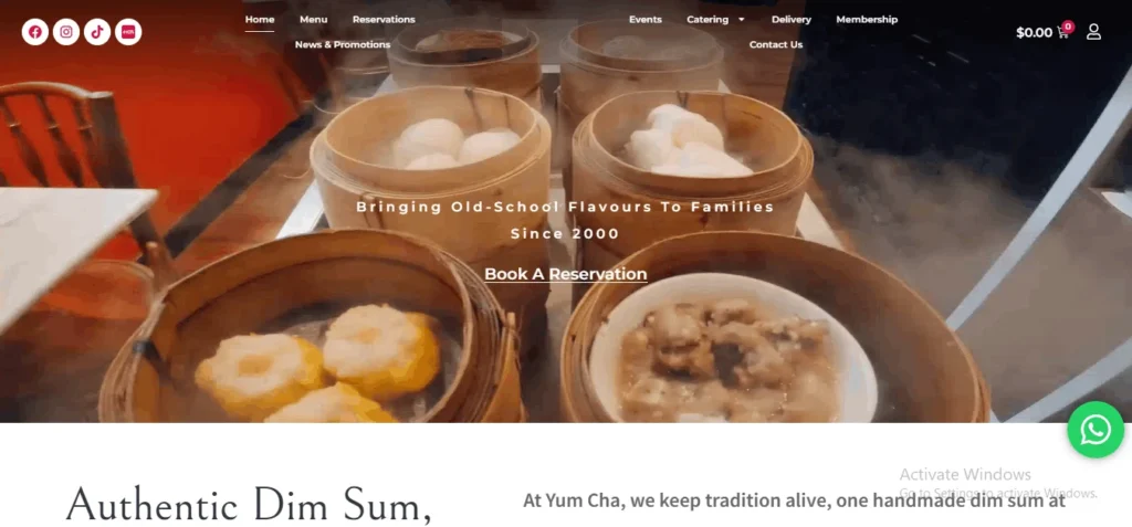 A restaurant website header displaying a close-up of steaming bamboo baskets filled with traditional Chinese dim sum, such as pork dumplings and buns. Overlay text emphasizes tradition, stating "Bringing Old-School Flavours To Families Since 2000" with a call to action to "Book A Reservation." A navigation menu and social media icons are visible at the top.