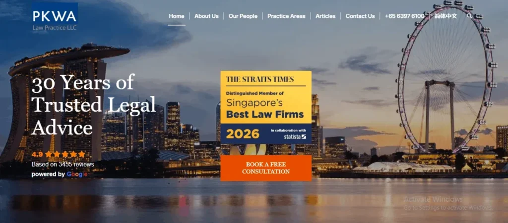 A screenshot of the PKWA Law Practice LLC website homepage, featuring a background of the Singapore Marina Bay skyline at twilight. Text on the left reads "30 Years of Trusted Legal Advice" alongside a 4.9-star Google rating based on 3455 reviews. A central badge from The Straits Times names them as a "Distinguished Member of Singapore’s Best Law Firms 2026." An orange button below encourages visitors to "BOOK A FREE CONSULTATION." The header navigation includes links for Home, About Us, Our People, Practice Areas, Articles, and Contact Us, along with a phone number and a language option.