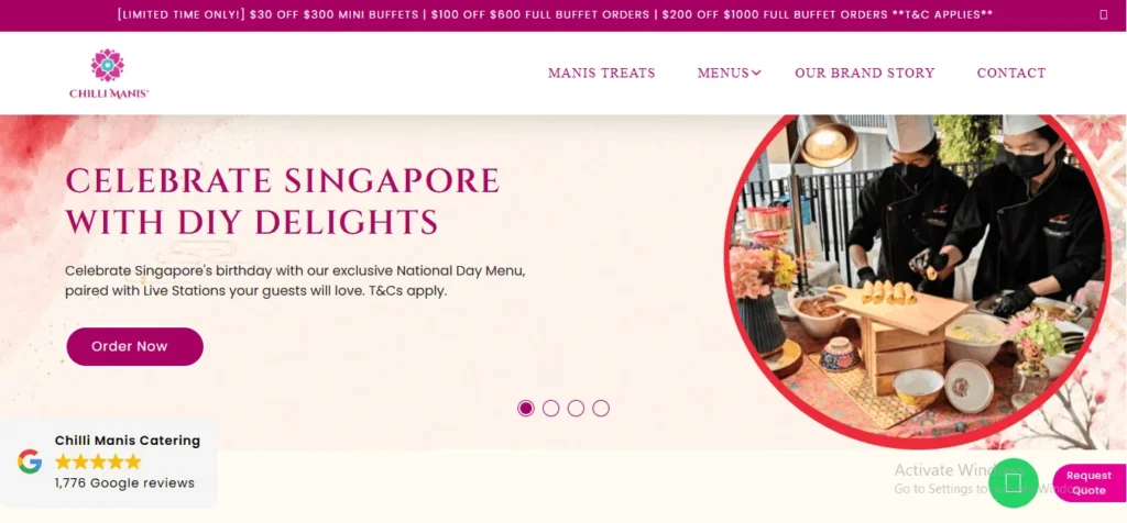 Chilli Manis Catering banner for National Day in Singapore, featuring two chefs preparing food at a live station next to the text "Celebrate Singapore with DIY Delights."