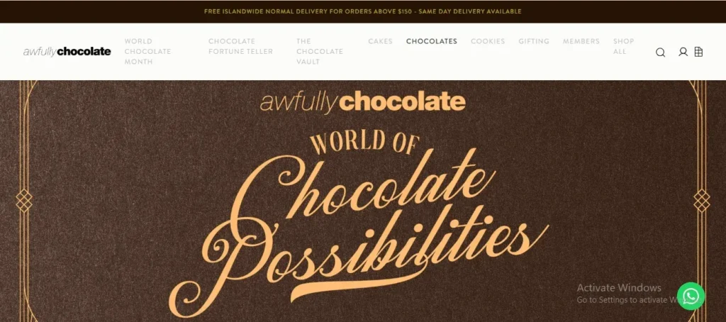 Website homepage banner for Awfully Chocolate, a famous dessert cafe in Singapore, featuring the text "World of Chocolate Possibilities" in elegant gold script on a textured dark chocolate background.