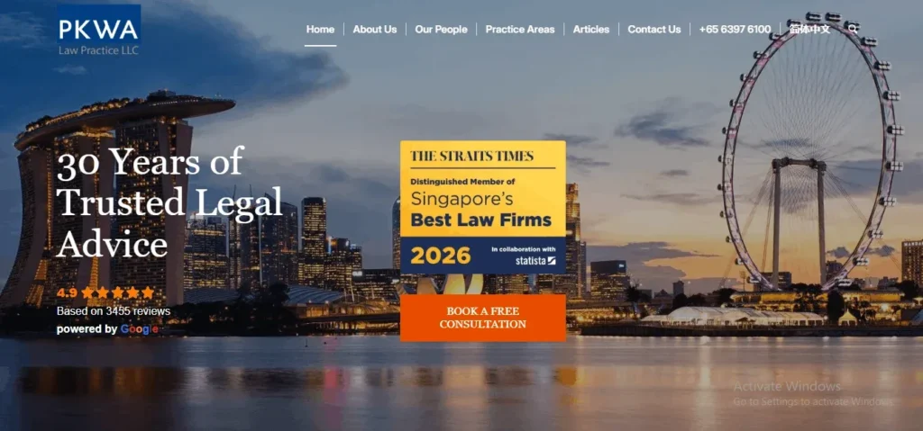 PKWA Law Practice LLC homepage banner featuring the Singapore Marina Bay skyline and Singapore Flyer at dusk, highlighting 30 years of legal service and recognition as one of Singapore's best law firms in 2026.