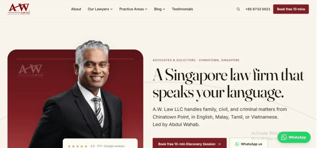A.W. Law LLC website banner featuring a portrait of lawyer Abdul Wahab and text describing a Singapore law firm handling family, civil, and criminal matters in Chinatown, Singapore.