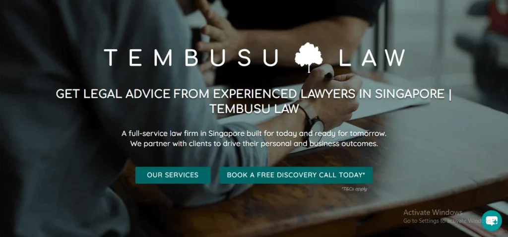 Tembusu Law website banner featuring the firm's logo over a blurred background of lawyers reviewing documents, with a headline offering legal advice from experienced lawyers in Singapore.