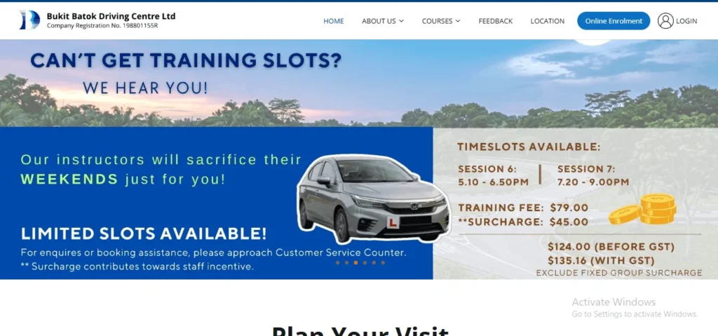 Bukit Batok Driving Centre website banner announcing available weekend driving lesson time slots and fees in Singapore.